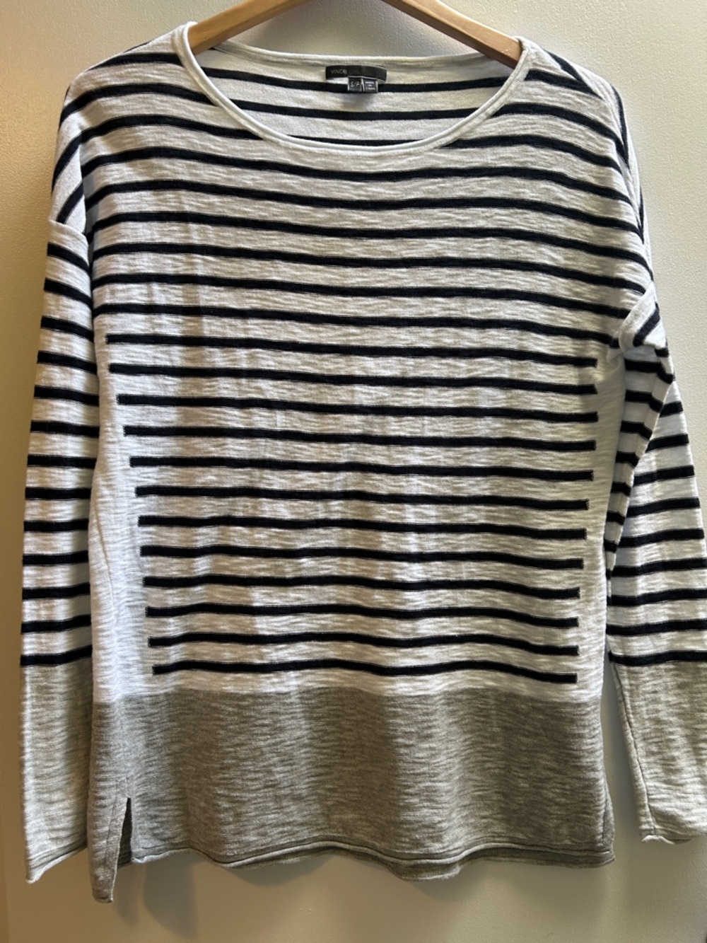 VINCE Striped Lightweight Knit Top White & Black with Gray Hem